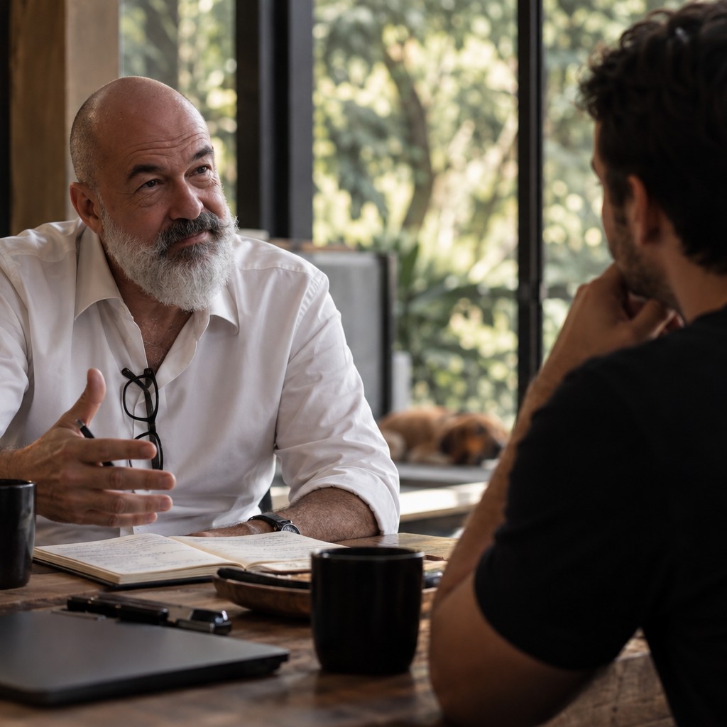 Cadu Lemos em sessão de mentoria, à mesa, com o mentorado
